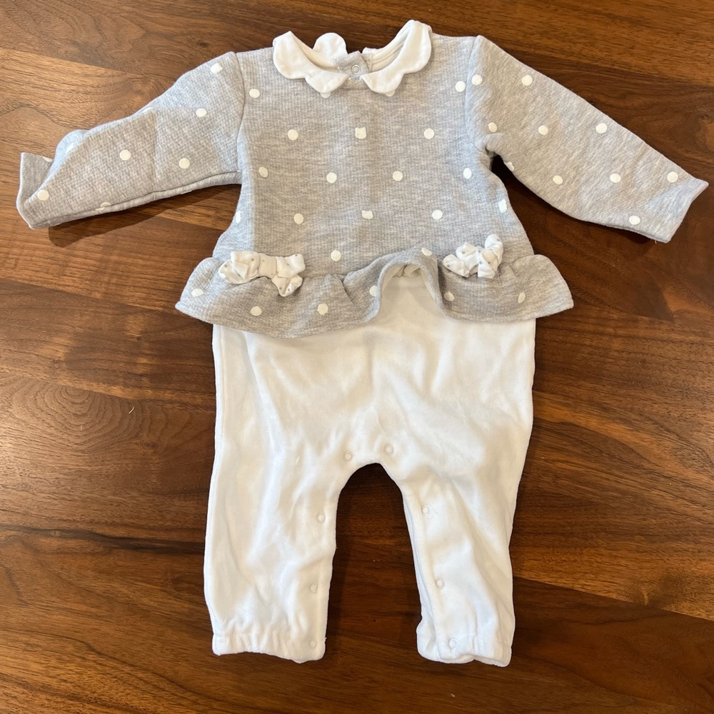 Baby girls Mayoral onesie with adorable polka dots, collar, and velour